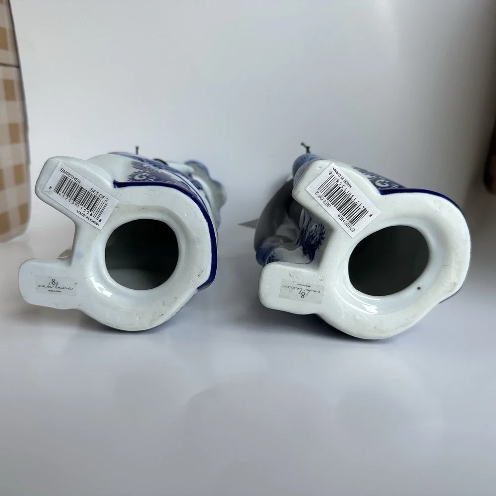 NWT 8 Oak Lane Blue White Porcelain Chinoiserie Monkey Candlestick Set 9 Inch